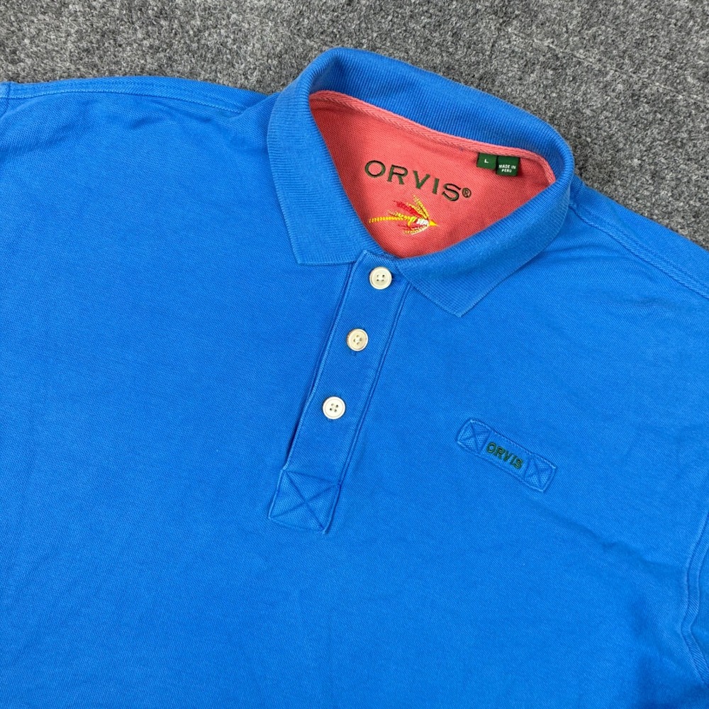 Orvis Mens Size Large Blue Pique Short Sleeve Polo Shirt Cotton Fly Fishing Logo